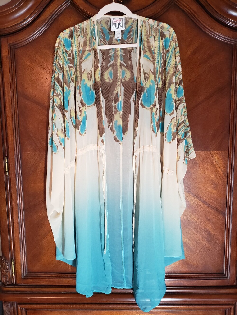 Vintage VERY VOLLBRACHT Peacock Feather Ombre Kimono Duster Jacket Missy